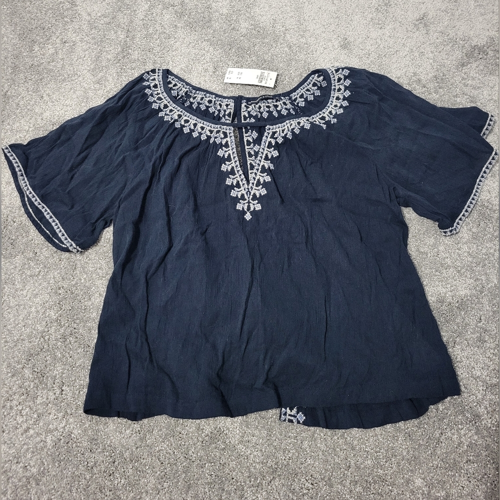 Abercrombie & Fitch Embroidered Blue Peasant Top